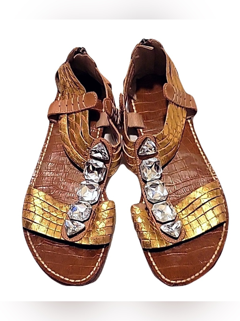 Sam Edelman Brown and Gold Jeweled T-Strap Egyptian style sandals
